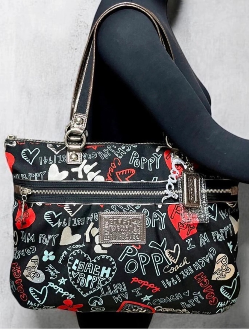 Coach Black Multicolor Poppy Signature Shoulder Bag